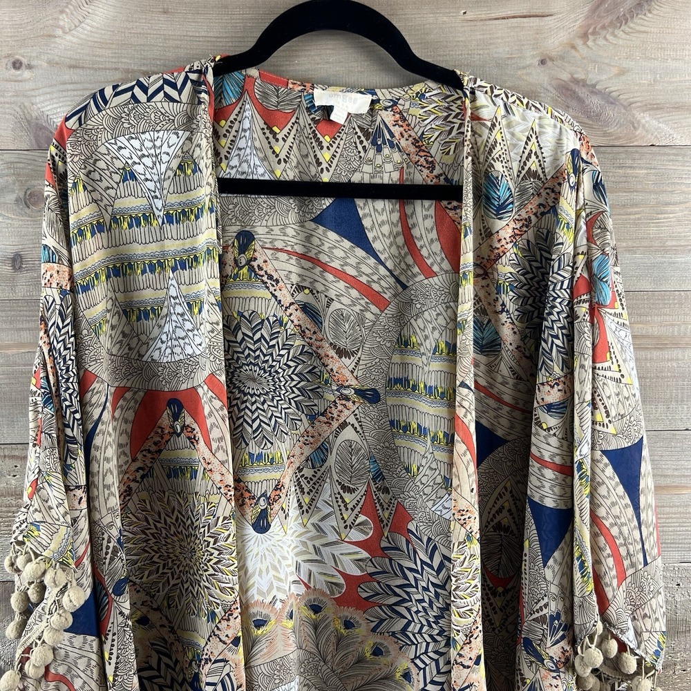 Umgee Womens Kimono Open‎ Front Pom Pom Fringe Feather Southwestern Medium Large - Picture 2 of 8